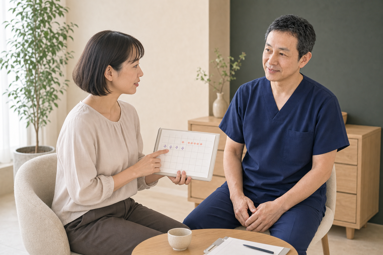 月経周期の記録を示しながらPMSの困りごとを吹田タカシ院長へ相談する女性