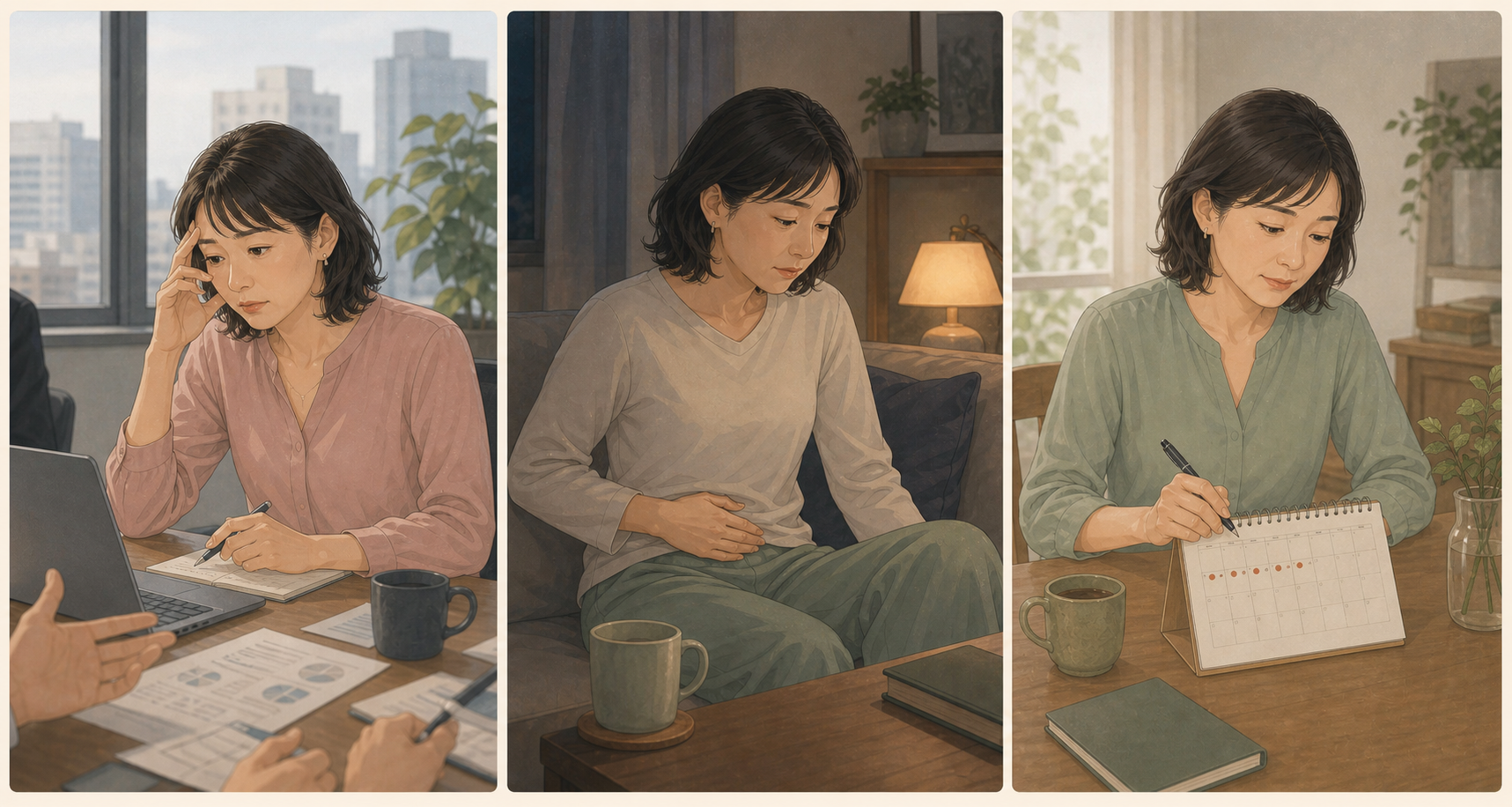月経前の集中しづらさ、腹部の張り、周期を記録する女性を描いた3場面の図