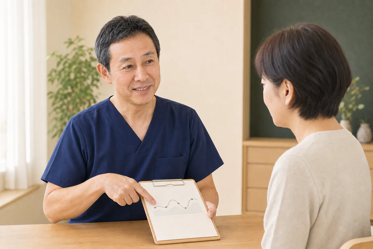 前回後の体調を資料を見ながら振り返るイメージ