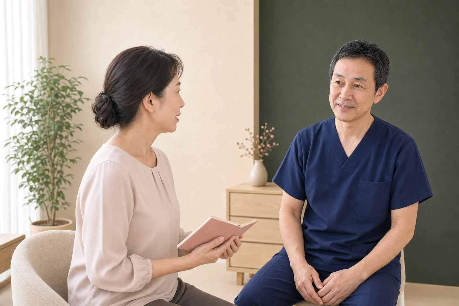 更年期の体調について症状の記録を見ながら吹田タカシ院長へ相談する女性