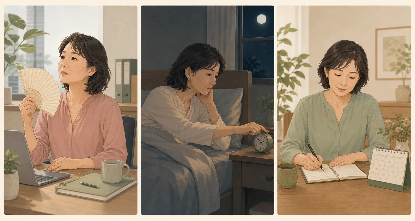 仕事中のほてり、夜中の目覚め、体調を記録する更年期世代の女性を描いた3場面の図