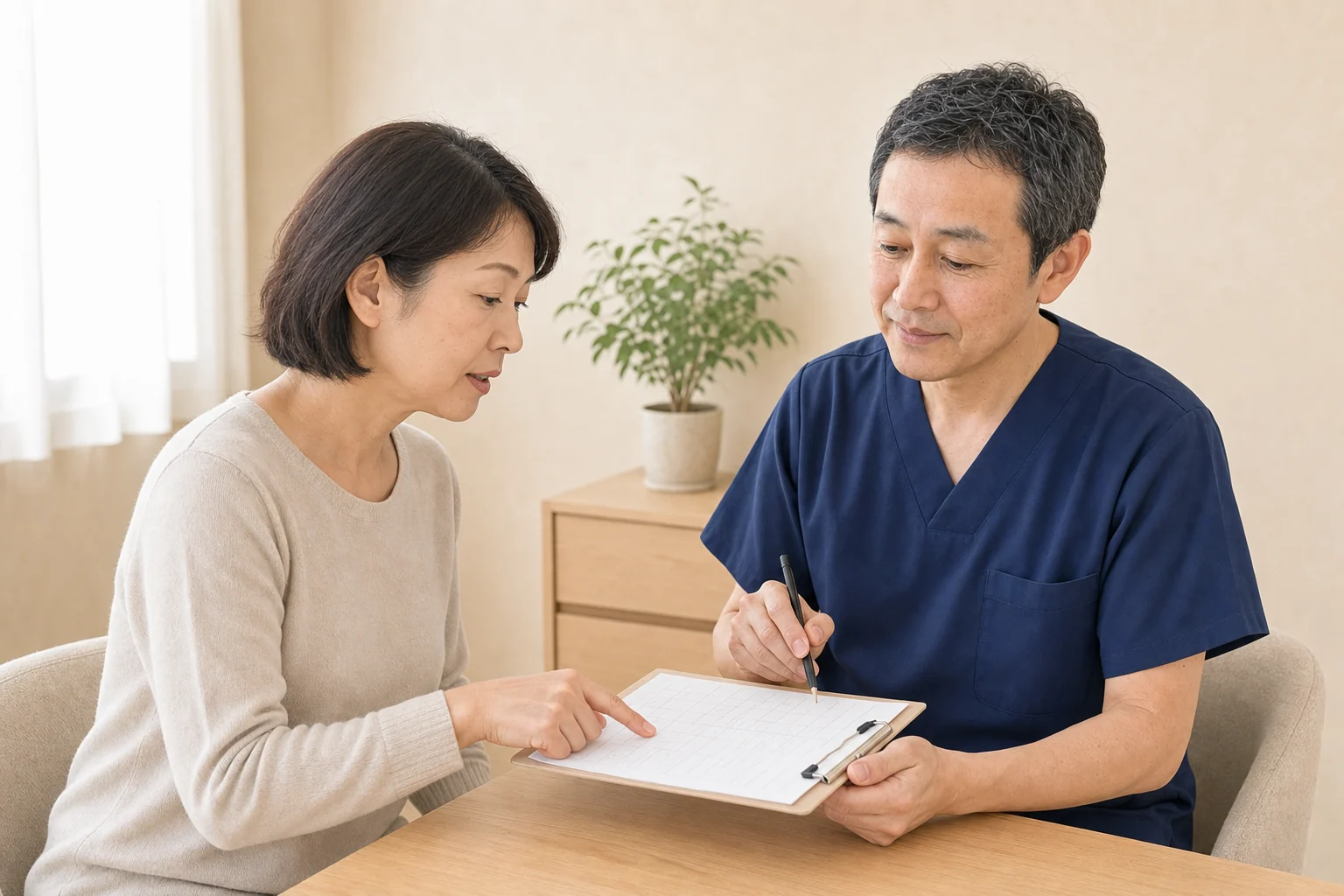 睡眠の記録を見ながら吹田タカシ院長へ夜と日中の困りごとを相談する女性