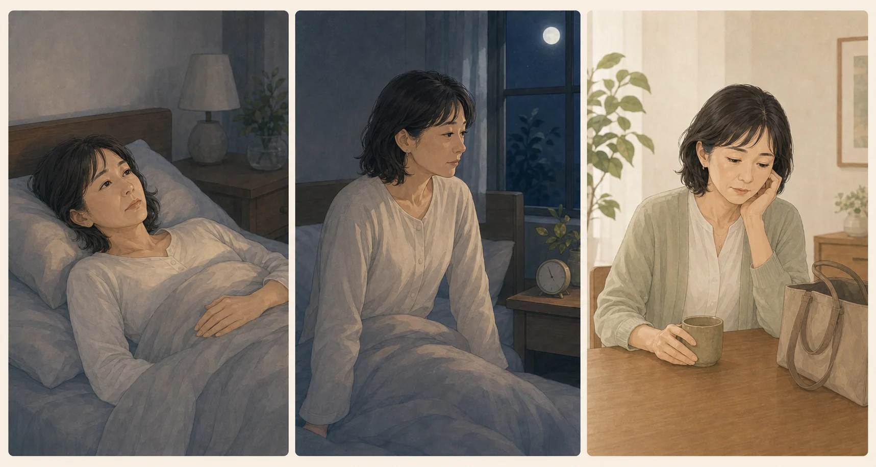 寝つけない、夜中に目が覚める、朝も休んだ感じが乏しい女性の3場面を描いた図