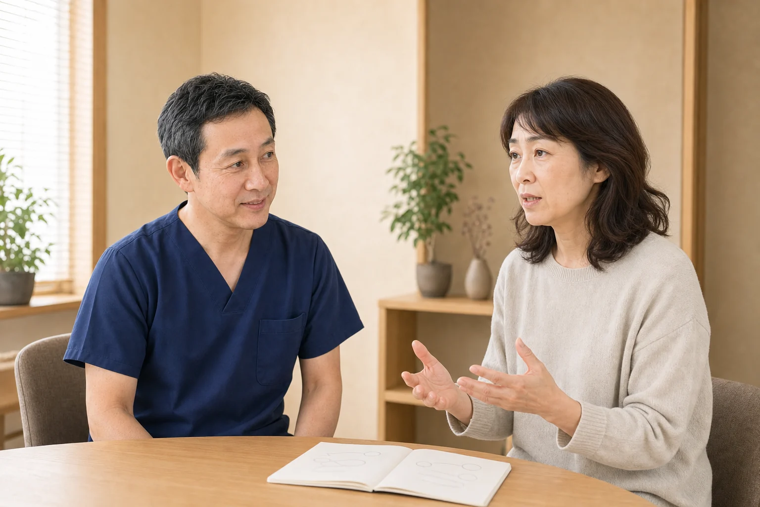 自律神経失調症に伴う複数の不調を吹田タカシ院長へ相談する女性