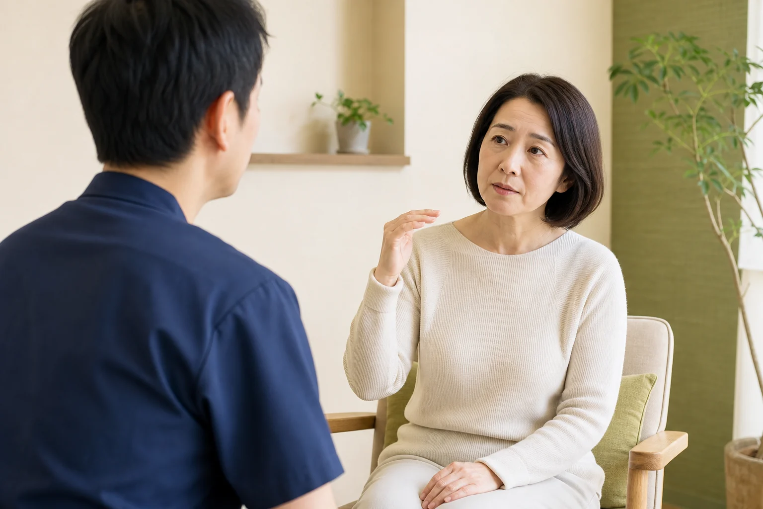 めまいと立ちくらみの感じ方を施術者へ伝える女性の相談場面