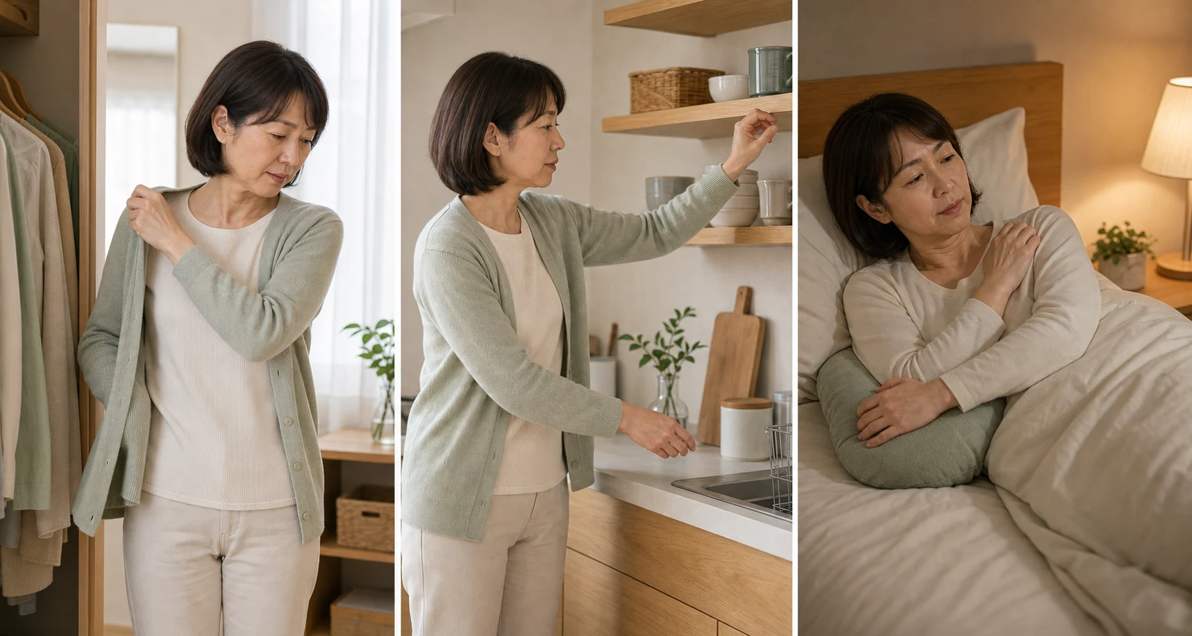 着替え、棚へ手を伸ばす動作、夜の肩の痛みに困る五十肩世代の女性を描いた3場面