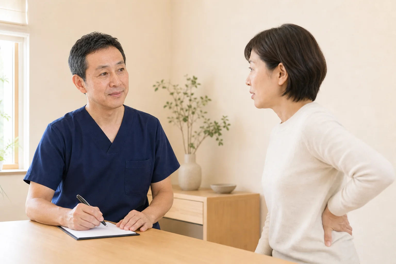 腰のつらさが起こる場面を吹田タカシ院長へ説明する女性