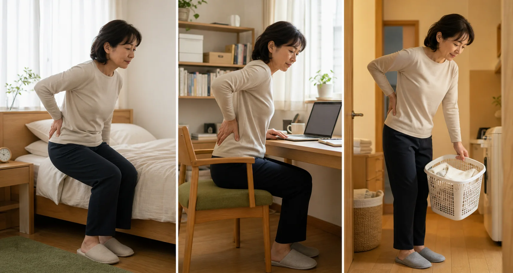朝の起き上がり、座り仕事、洗濯で腰を気にする女性の三つの生活場面