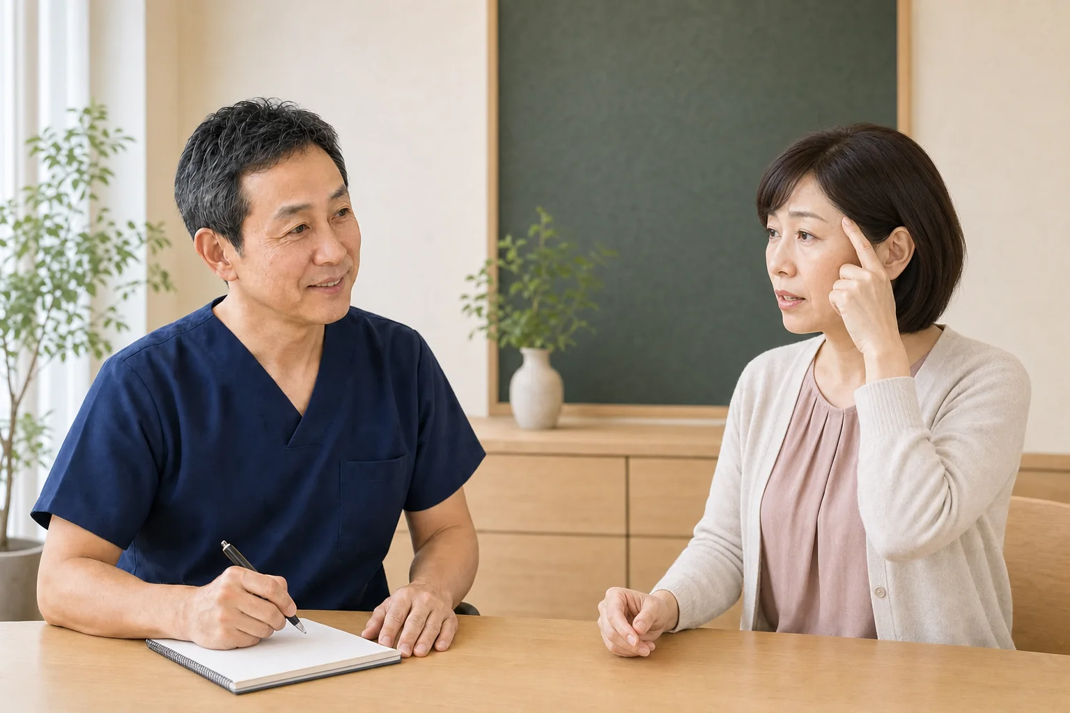片頭痛で片側のこめかみがつらい女性が吹田タカシ院長へ経過を相談する場面