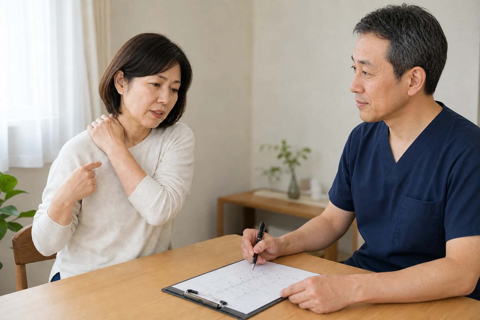 慢性的な首こりと肩こりについて首のつけ根を示しながら施術者へ相談する女性