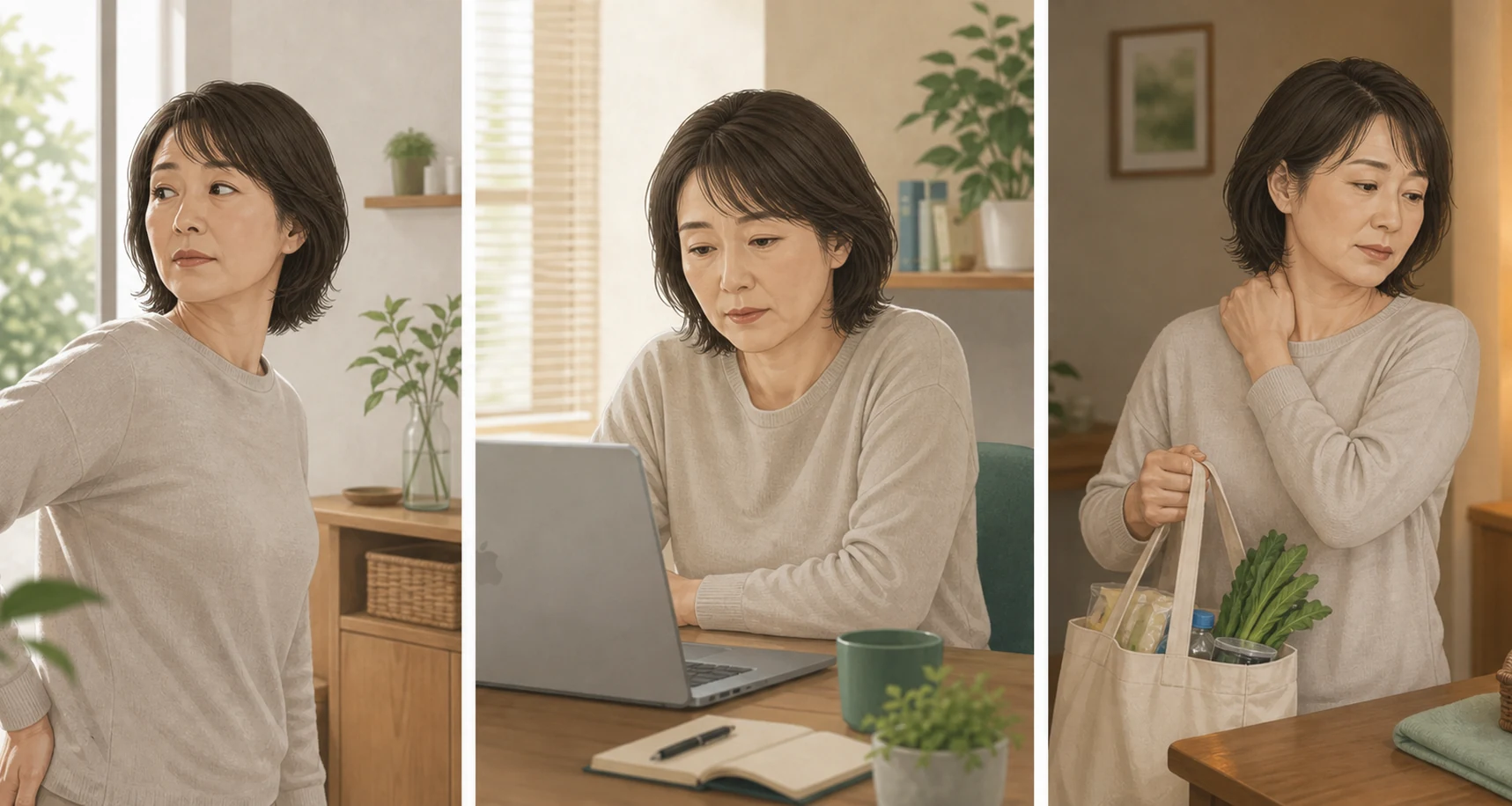 朝の振り向き、日中の画面作業、夕方の買い物で首こりと肩こりを感じる女性の3場面