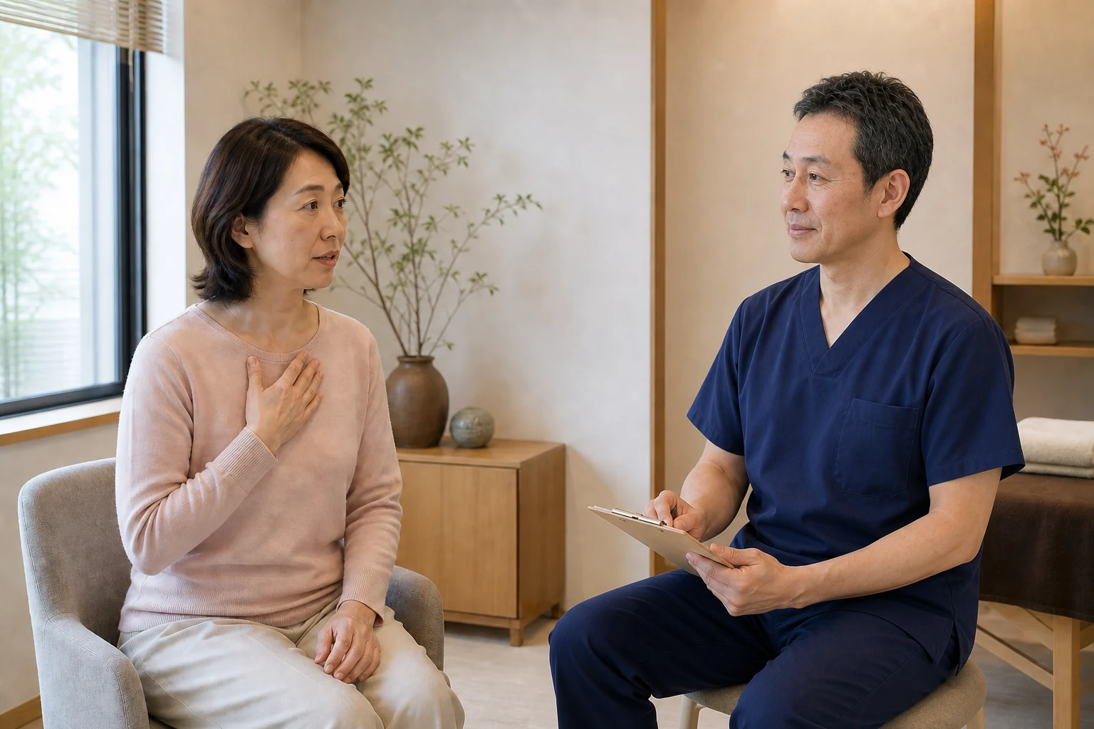 動悸が起こる場面を吹田タカシ院長へ説明する女性