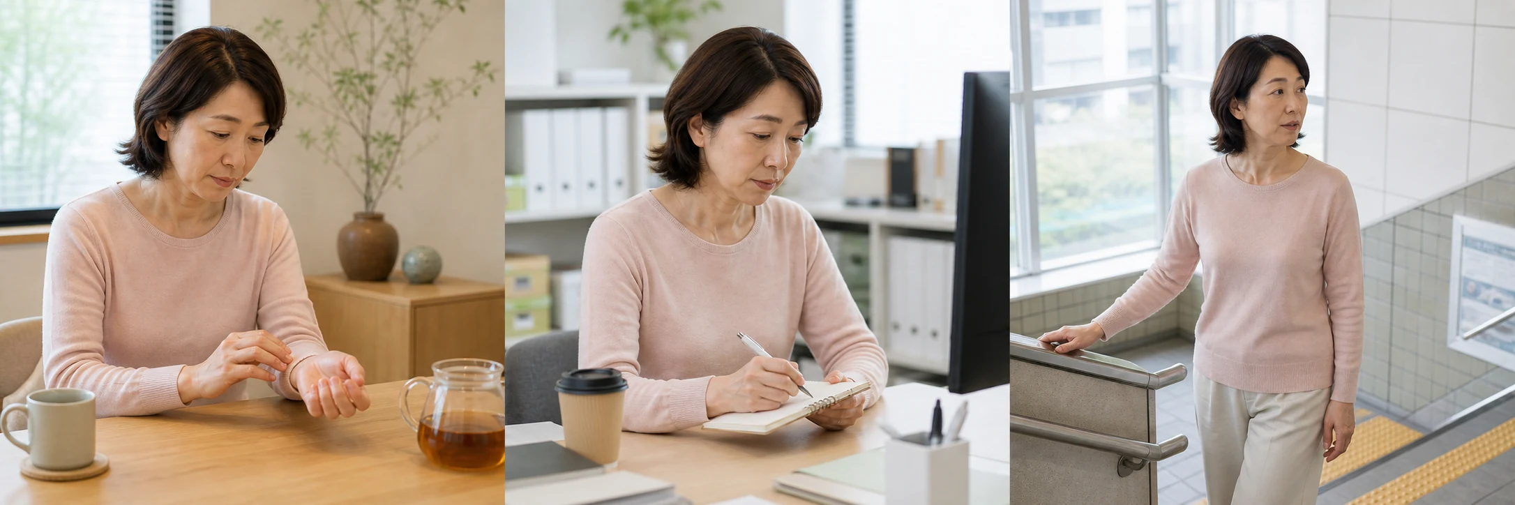 安静時に脈を確認する場面、仕事中に時刻を記録する場面、階段で立ち止まる場面を示す女性