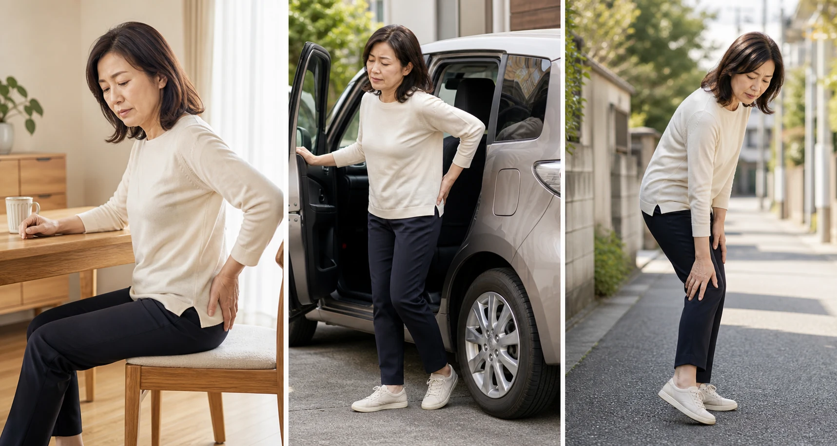 座った後、車を降りた時、歩いている時の脚のつらさを表す三つの生活場面